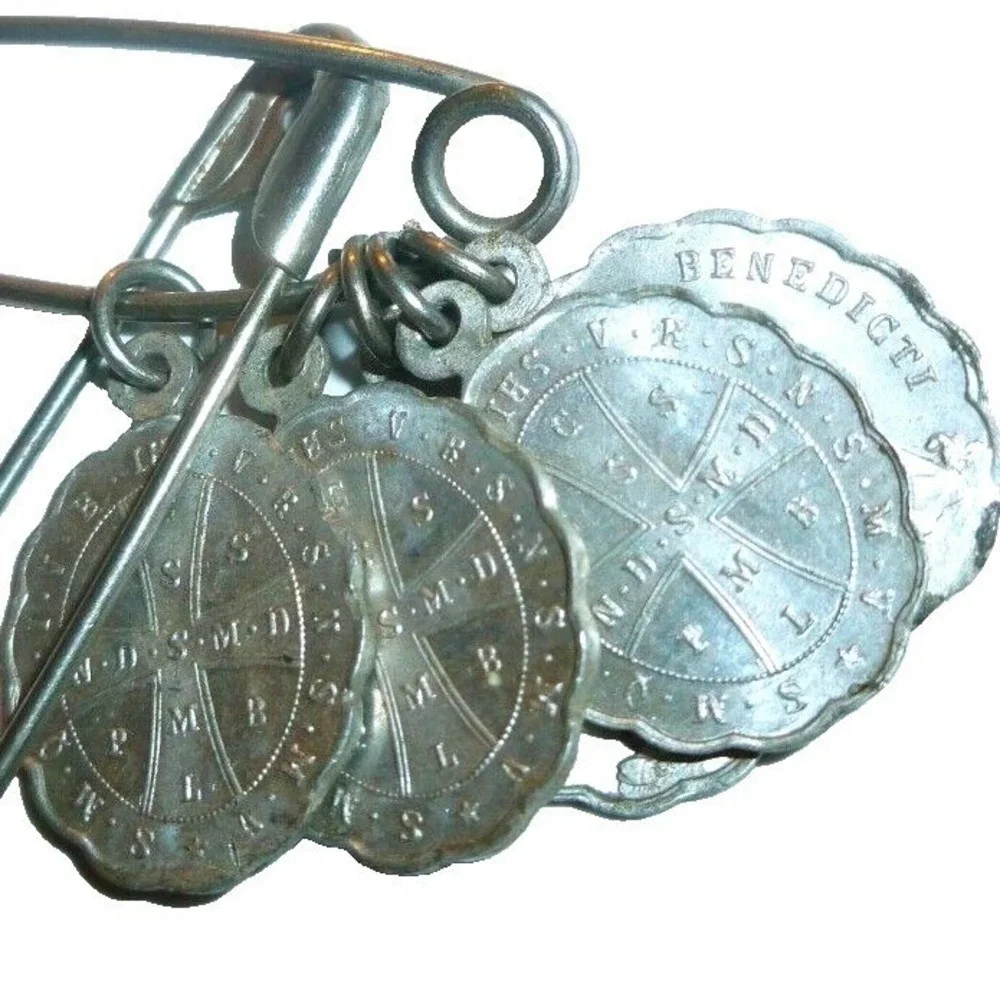 Vintage St Benedict Religious Medals‎ Silver Tone Safety Pin Charm Catholic 3pc